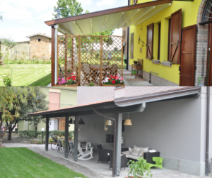 Due coperture addossate a un’abitazione con area esterna pavimentata