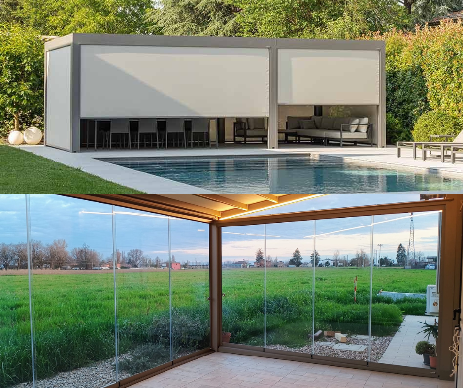 chiusura-pergola-per-l’inverno Questa immagine rappresenta due tipologie diverse di chiusure invernali per le pergole.